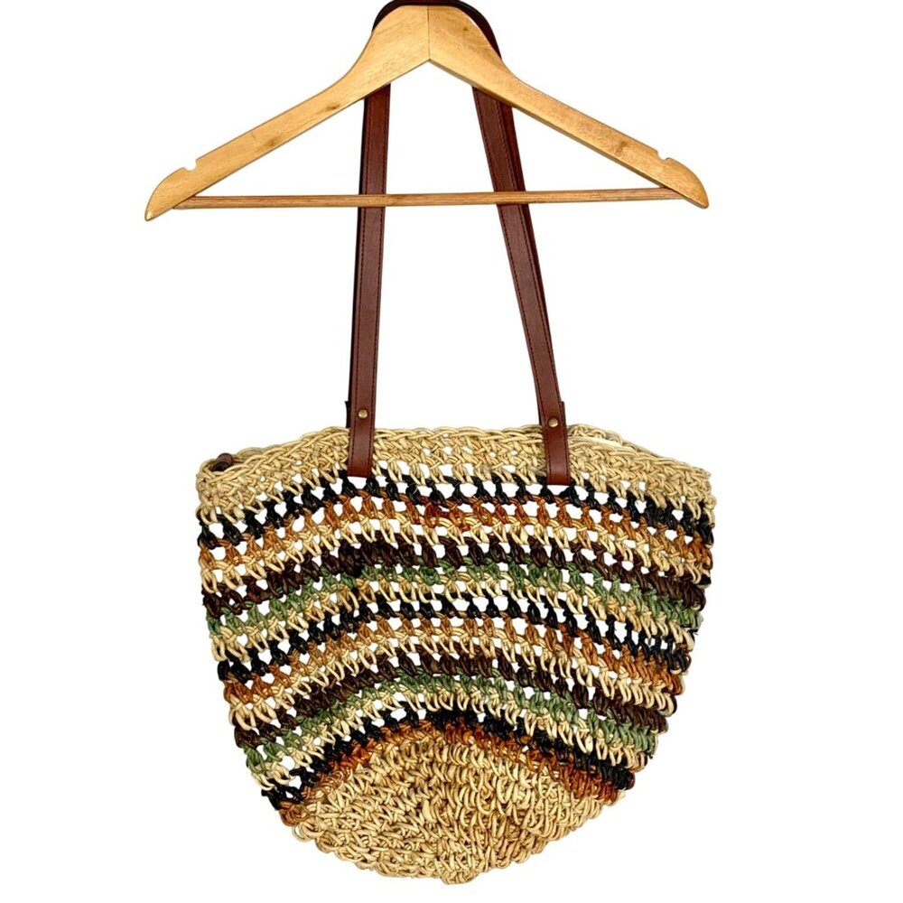 Vintage Boho Woven Straw Tote Bag Multicolor Leather Straps Striped Pattern